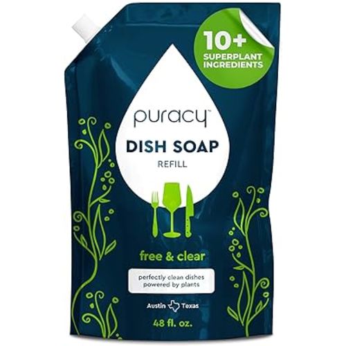 Puracy Natural Dish Soap Refill - Skin-Softening Plant-Based Liquid Dishwashing Detergent Soap, Clean-Rinsing Water-Sheeting Formula (Free & Clear, 48 fl oz)