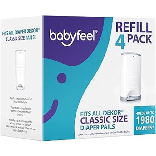 Babyfeel Refills Compatible with DEKOR CLASSIC Diaper Pails | 4 Pack | Exclusive 30% Extra Thickness | Diaper Pail Refills with Powerful Odor Elimination | Powder Scent | Holds up to 1980 Diapers