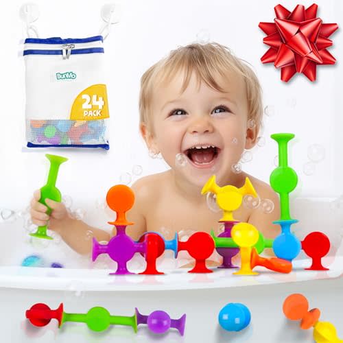 BUNMO Suction Bath Toys - Stocking Stuffers for Kids - No Mold Bath Toy - Hours of Fun - Fine Motor Skills - Stimulating & Addictive Sensory Suction Toy - Non-Mouthable Toy 3+ - Smooth 24 Pack