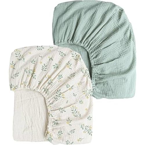 Konssy Muslin 2 PCS Crib Sheets, 100% Cotton Crib Sheet for Girls and Boys, Fitted and Soft Breathable Crib Mattress Sheet 28"x 52" for Standard Crib Mattress (Leafy,Green)