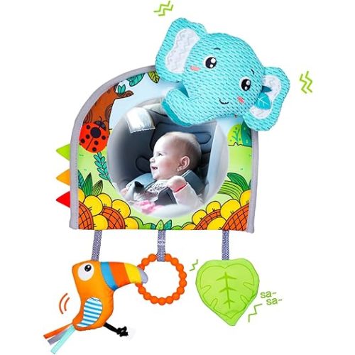 Baby Car Seat Toys - Mirror, Teether & Crinkle Paper - Rear Facing & Tummy Time - Fun Travel Toy