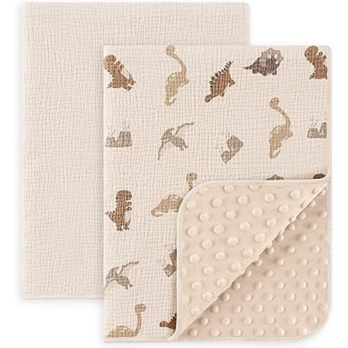 Susurration Baby Blanket for Unisex Boys Girls, 2 Pack Soft Fluffy Crib Blankets with Muslin Cotton Front and Dotted Fleece Back, Receiving Blanket for Baby Newborn Infant, 30x40inch, Dinosaur&Cream