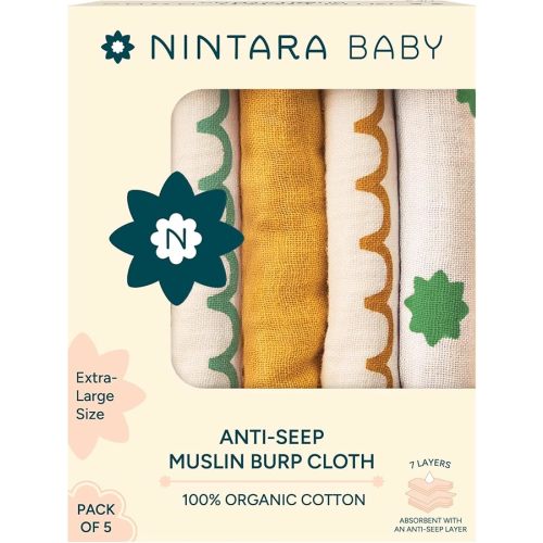 NINTARABABY Anti-seep Burp Cloths - 100% Organic Premium Muslin Cotton, Extra-Large 22" x 12", 7-Layer Absorbent & Waterproof, Reversible, Soft & Hypoallergenic, Gifts for Newborns, Pack of 5