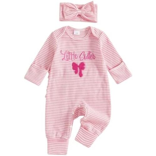 Gaono Newborn Baby Girl Romper Waffle Knit Long Sleeve Bow Embroidery Striped Jumpsuit Bodysuit Cute Fall Winter Clothes