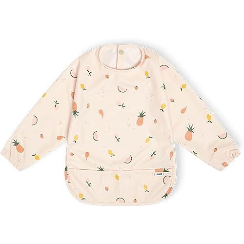 Lalo Smock Bib - Long Sleeve Baby Bib, Elastic Cuffs for Comfort, Large Catch-All Pocket, Waterproof Recycled Polyester - Durable Baby Smock Bib for Mealtime - Ages 6-24 Mo. - Fruit Print Grapefruit