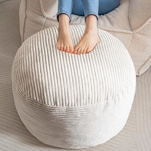 HIGOGOGO Round Stuffed Pouf Ottoman, Corduroy Poufs with Foam Chunk Filling, Furry and Fluffy Pouf Foot Stool Storage Ottoman, 26 X 18 Floor Poufs Foot Rest for Living Room, Beige