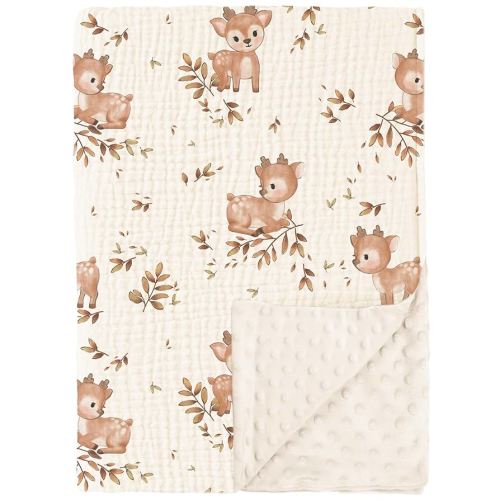 Konssy Baby Blankets for Unisex Boys Girls, Super Soft Nursery Minky Blankets with Muslin Cotton Front and Dotted Fleece Backing, Printed Bed Throws Newborn