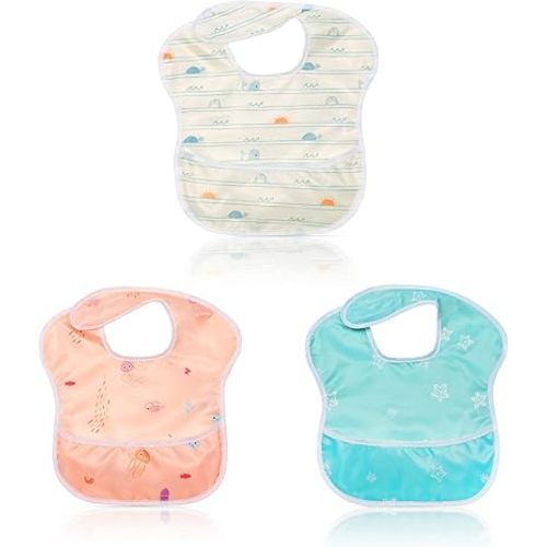 Little Dimsum 3 Pack baby bib waterproof bib easy to clean feeding bib weaning bib adjustable closure suitable for children with large pockets for 6-36 months (ocean)