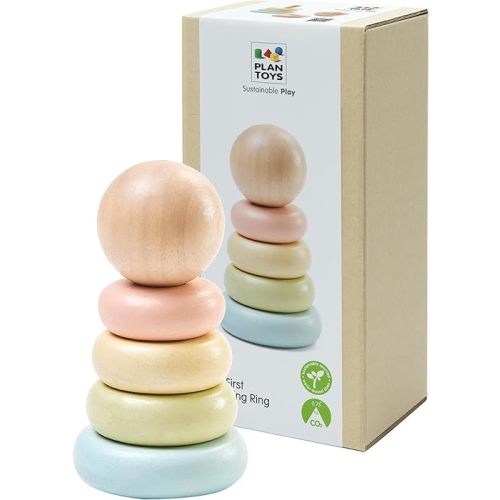 PlanToys® First Stacking Ring | Montessori Wooden Stacking Toy for Babies & Toddlers | Baby Learning Toy for Fine Motor Skills, Sensory Play & Color Sorting