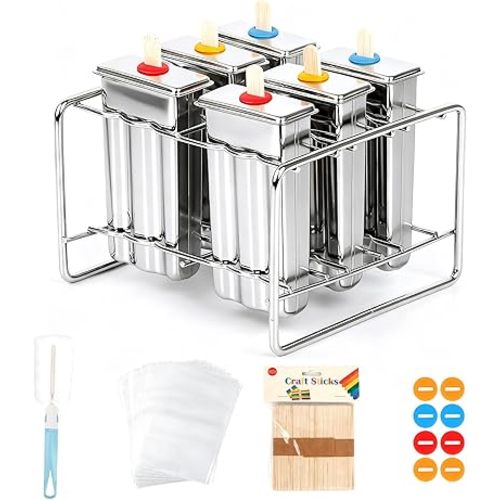 Popsicle Molds Set 6 Pieces Stainless Steel Ice Popsicle Maker, Homemade Popsicle Molds with 50 Sticks, 20 Bags, 14 Silicone Seals, 1 Cleaning Brush & 1 Stand, DIY Ice Pop Mold Maker for Kids (Square)