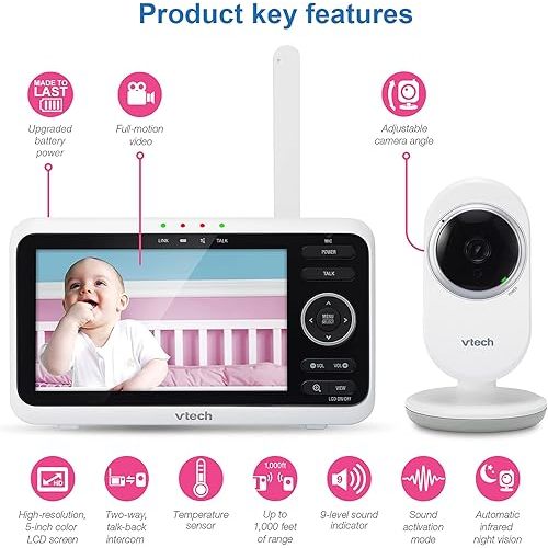 VTech VM350 Baby Monitor, 5" Screen, 1000ft Long Range, Night Vision, 2-Way Talk, Lullabies, Secured Transmission No WiFi