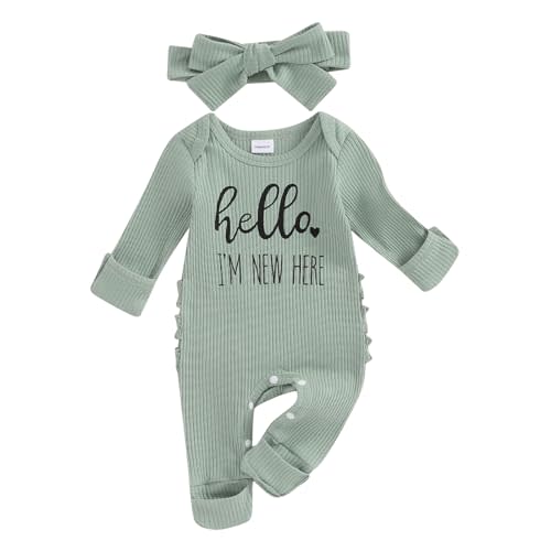LYSINK Newborn Baby Girl Outfit Long Sleeve Letter Romper Ribbed Knit Jumpsuit Baby Girl Coming Home Outfit with Headband