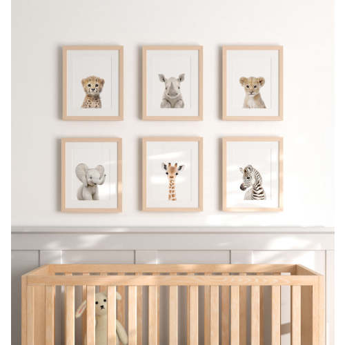 Framed Baby Safari Animals Nursery Decor - African Animals Set of 6 Framed Prints - The Crown Prints