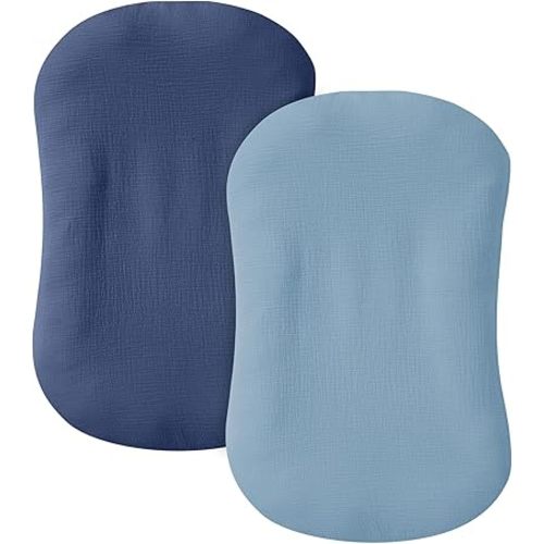 Muslin Baby Lounger Cover 2 Pack, 100% Cotton Infant Lounger Cover, Soft & Breathable Replacement Slipcover, Compatible with Snuggle Me Newborn Lounger (Navy,Light Blue)