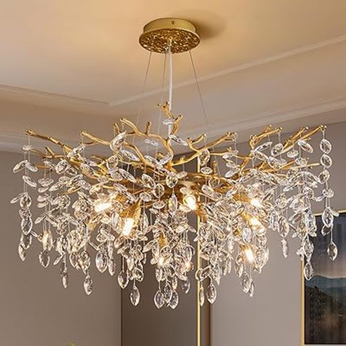 Modern Tree Branch Crystal Chandelier Luxury Gold Crystal Pendant Lighting 30" Contemporary 10-Light Chandeliers for Dining Room Kitchen Bedroom Living Room