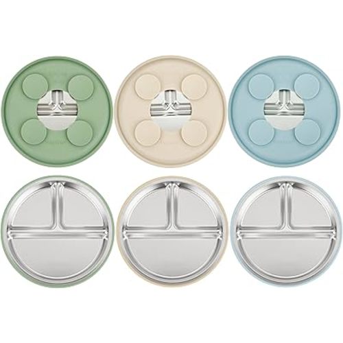 PandaEar 3 Pack Stainless Steel Baby Suction Plates, Divided Toddler Plate for Baby Led Weaning Supplies, Non-Slip Toddler Baby Feeding Set Dishwasher Safe