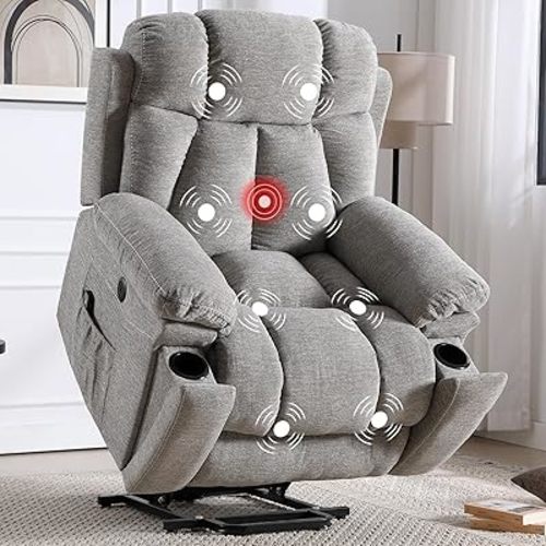 CANMOV Large Power Lift Recliner Chairs with Massage and Heat for Elderly Big People, Heavy Duty Motion Reclining Mechanism-Anti Skid Fabric Recliner Chair with 2 Concealed Cup Holders, Smoke Gray