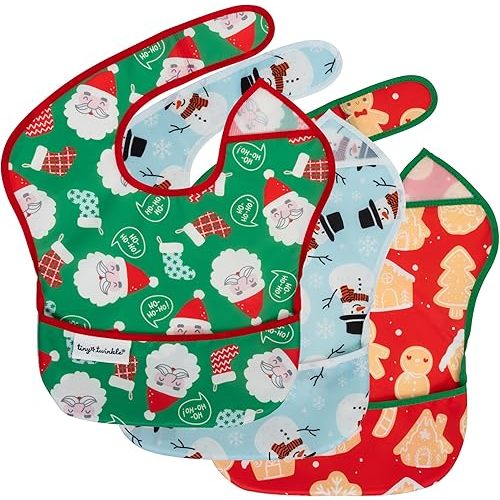 Tiny Twinkle Mess-Proof Baby Bib - Waterproof Bib for Baby Girl or Boy- Machine Washable - Adjustable Closure - PVC, BPA, & Phthalate Free - Great for Travel - Baby Food Bibs (3 Pack,Christmas)