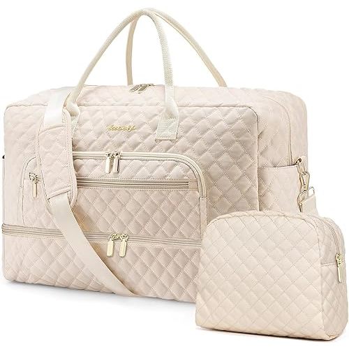 Weekender Overnight Bag Women: Large Travel Duffle Bag with Shoe Compartment & Wet Pocket Carry On Tote Bag Gym Duffel Bag with Toiletry Bag Bag for Hospital Beige