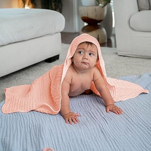 Comfy Cubs 2 Pack Baby Hooded 9 Layer Muslin Cotton Towel for Kids, Large 32” x 32”, Ultra Soft, Warm, and Absorbent. Baby Essentials Bath Towels, Cute Unisex for Girls and Boys (2 Pack, Lace Pink)