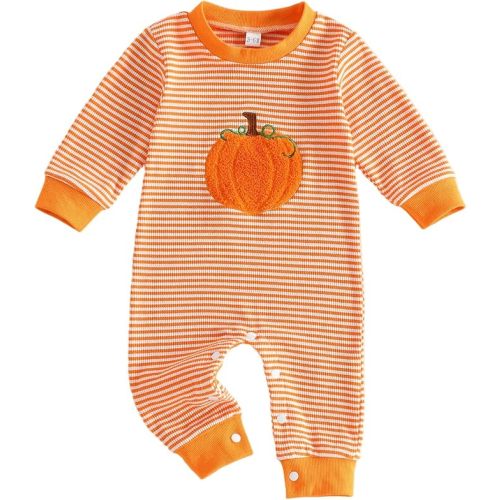 Baby Halloween Outfit Newborn Boy Girl Waffle Embroidery Pumpkin Jumpsuit Long Sleeve Romper Fall Winter Clothes