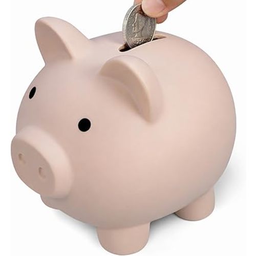 Cute Pink Little Piggy Bank, 5.51 x 4.72 x 5.12 Inch Large Savings Box for Paper Money and Coins, Adorable Gift Idea for Kids and Adults, Sturdy Durable Plastic Coin Bank, Nude