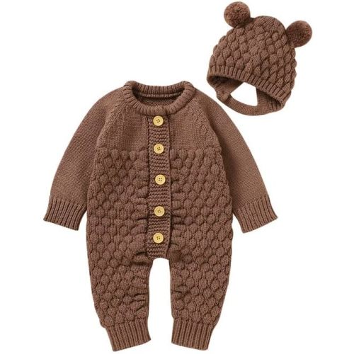 LAWKUL Baby Outfit Cotton Knit Newborn Infant Romper Knitted Longsleeve Sweater Clothes With Warm Hat Set Toddler Boy Girl