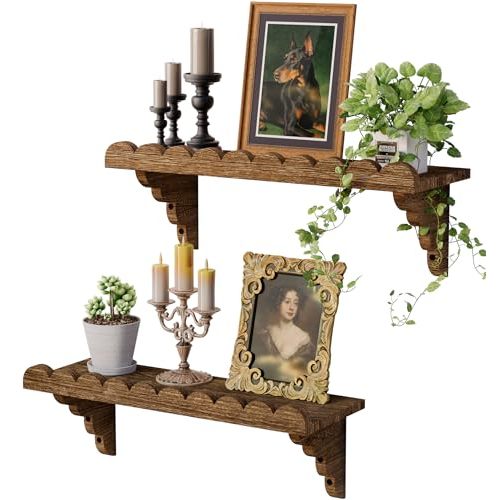 Scalloped Wood Wall Shelf – 17 Inch Floating Shelf with Wood Brackets, Easy to Install Rustic Wall Shelf for Living Room, Bedroom, Bathroom, or Any Space