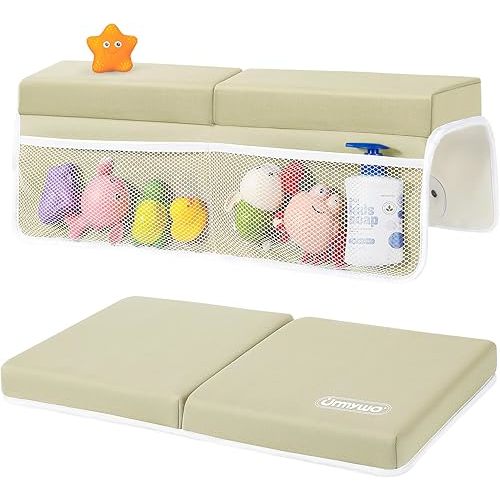 URMYWO Bath Kneeler and Elbow Rest Pad Set - 1.5" Thick Baby Bath Kneeler Pads with Toys Organizer, Anti-Slip Cozy Knee & Arm Support Bathtub Mat, Quick Dry Kneeling Pad for Baby Bath Time