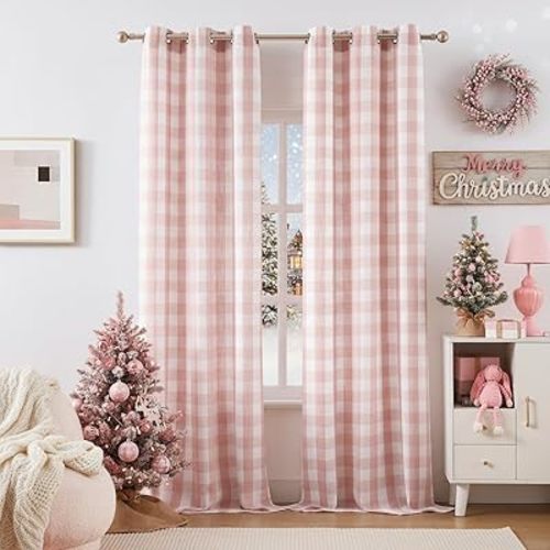 Jubilantex Buffalo Check Semi Sheer Curtain Panels Pink White Gingham Curtains Farmhouse Grommet Window Drapes for Living Room Bedroom 40"x95",2 Panels