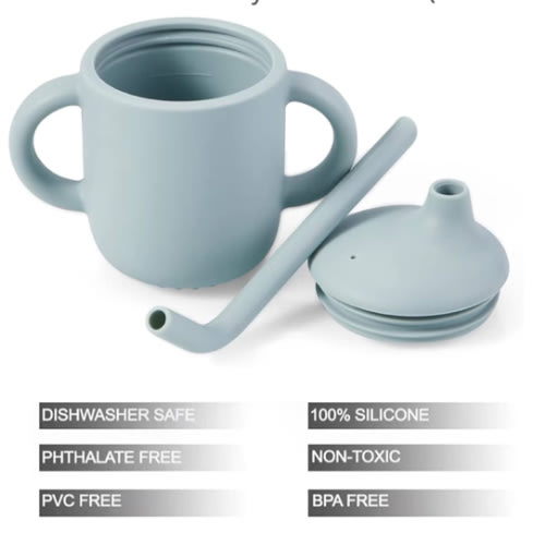 PandaEar 2 Pack 100% Tiny Silicone Drinking Training Cup with Handles & Straw for Baby and Toddler (White Blue)