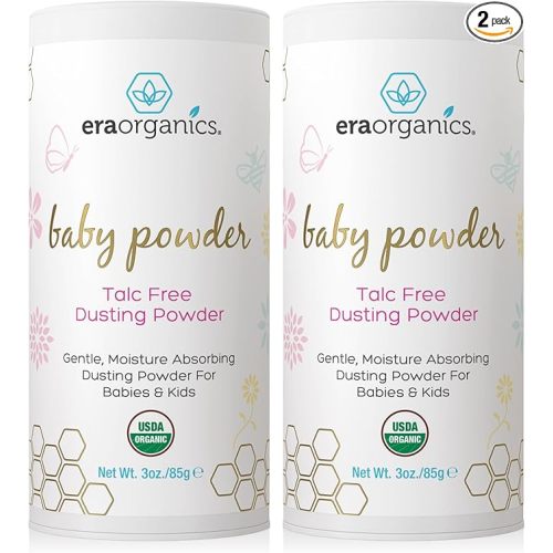 Era Organics Talc-Free Organic Baby Powder - USDA Organic Dusting Powder with Arrowroot, Calendula and Cornstarch for Newborns, Babies or Toddlers - Soothing, Fragrance Free (3oz/85g) - 2 Pack