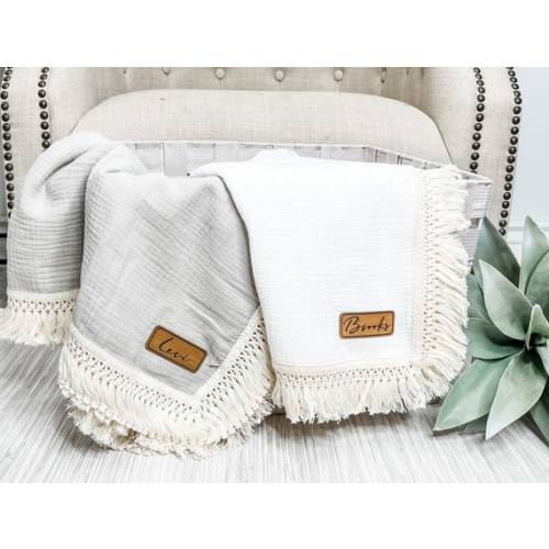 Fringe Baby Blanket Personalized Leather Patch Newborn - Etsy