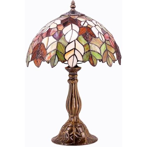 WERFACTORY Tiffany Table Lamp Stained Glass Style Maple Leaf Bedside Lamp Desk Reading Light 12X12X18 Inches Decor Bedroom Living Room Home Office S804 Series