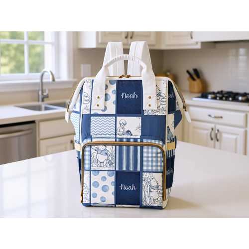 Baby Bag Winnie the Pooh Blue Boy Toile Plaid Personalized Custom Diaper Bag Backpack Baby Shower Gift Mommy Bag Backpack Gifting Idea