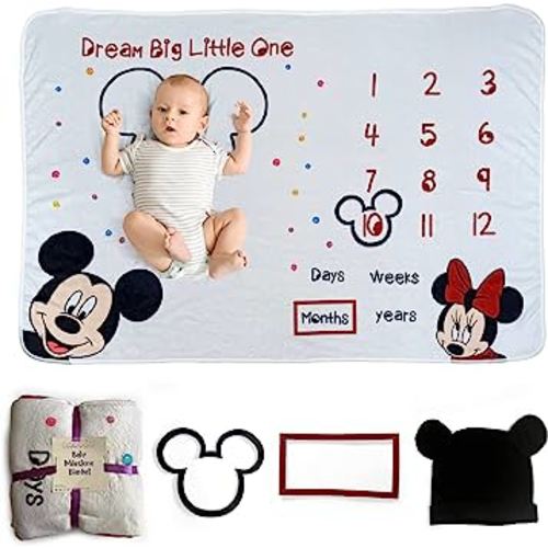 Baby Milestone Blanket with Growth Chart, Hat, and Frames - Perfect for Capturing Memories with Disney's Theme - Unisex 40"x60" Blanket for Baby Girl and Boy