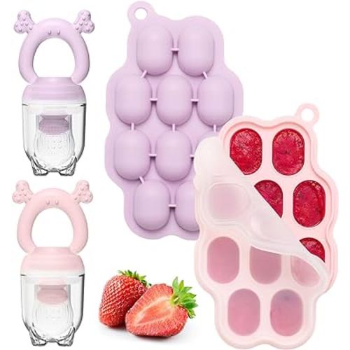 KingKam Baby Breastmilk Popsicle Molds & Baby Fruit Feeder (2 Pack), Baby Food Freezer Tray Storage Containers, Silicone Pacifier Feeder and Teether