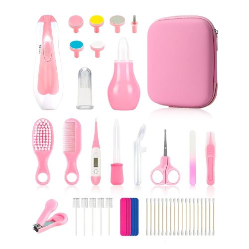 Baby Grooming and Healthcare Kit, Portable Baby Safety Care Set with Hair Brush Comb Nail Clipper Nasal Aspirator for Nursery Newborn Infant Girl Boy (32 in 1, Pink)