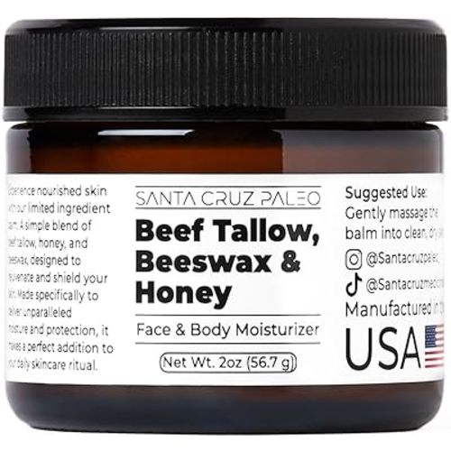 Santa Cruz Paleo Beef Tallow for Skin, Grass Finished & Grass Fed Beef Tallow and Honey Balm Body & Face Moisturizer, Organic Beeswax and Organic Honey, Light Scent, Moisturizing Natural Formula, 2 Oz