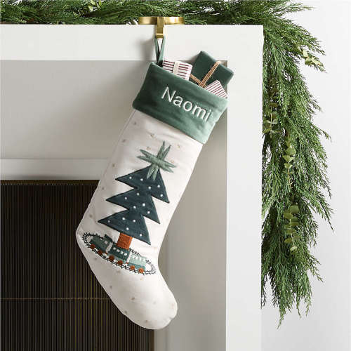 Personalized Wonderland Velvet Toy Train and Tree Kids Christmas Stocking