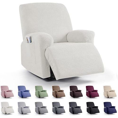 KinCam Recliner Covers, Stretch Reclining Chair Covers, Recliner Sofa Slipcovers Stripe Jacquard Recliner Couch Covers Furniture Protector Covers for Pet Kid (1 Seater, Cream)