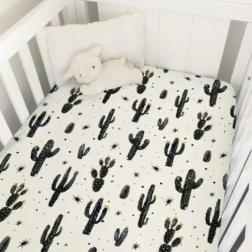 Boho Cactus Baby Crib Sheet 52''x28'' Retro Black Golden Cactus Fitted Crib Mattress Cover Wild Cactus Soft Baby Sheet for Boy Girl Western Plants Nursery Bedding for Standard Crib Toddler Mattress