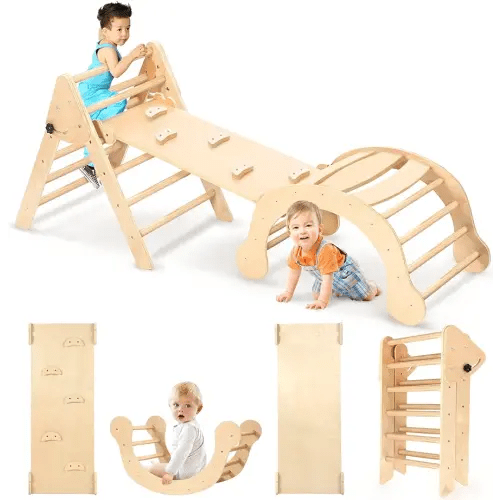 YOLEO Pikler Triangle Set, Foldable 7-in-1 Montessori Climbing Set Fun Baby Pickler-3 Piece Climbing Jungle Gym and Indoor Playground Climbing Toys for Toddlers 1-3 Inside (Natural, Standard Version)