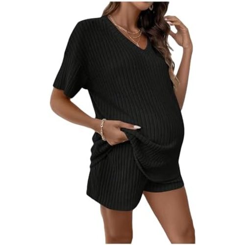 MakeMeChic Women's Maternity Pajamas Lounge Sets 2 Piece Outfits Short Sleeve Rib Knit Tops and Shorts Sets Pregnancy Clothes