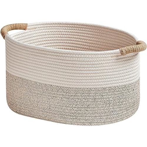 Storage Baskets for Organizing | 15"x10.2"x9.1" - 1 Pack Nursery Bin with Handles - Woven Cotton Rope Baskets for Dog Toys, Books, Shelf, Bathroom,Closet -Stylish Storage | White & Beige