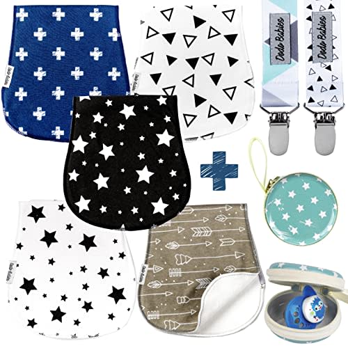 Dodo Babies 5-Pack Baby Burp Cloths - Soft, Absorbent Cotton Burp Cloths - Includes Pacifier Case and 2 Pacifier Clips - Colors: Blue, White and Teal - Newborn Essentials Must Haves