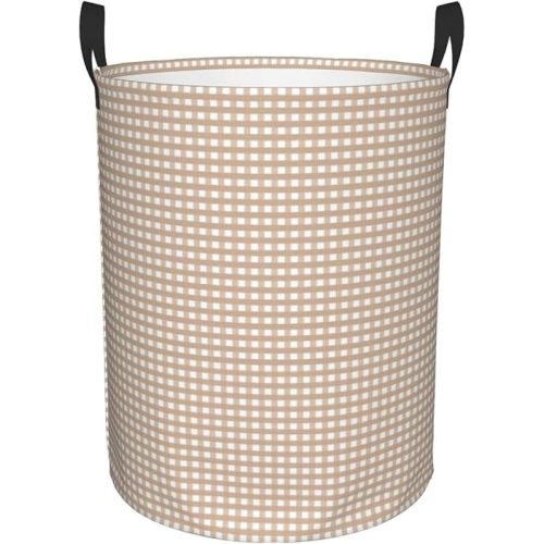 Brown Gingham Foldable Laundry Basket Organizer,Fabric Clothes Toy Storage Basket Nursery Hamper Storage Bin For Household Bedroom, Bathroom, College Dorm-Small