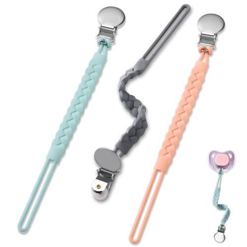 BASICSLIFE Silicone Pacifier Clip,3 Pack BPA Free Silicone Pacifiers Leashes for Teether Toy or Soothie?Keeps Pacifier Clean and Fits All Pacifiers Baby Teething Toys Light Orange, Blue and Grey