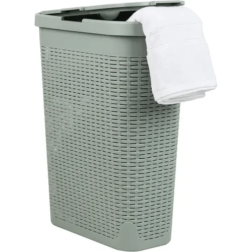 Mind Reader 40L Slim Laundry Hamper, Clothes Basket, Lid, Wicker Design, Plastic, 18"L x 10.4"W x 23.5"H, Mint