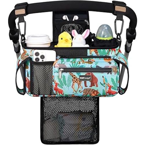 TOPDesign Universal Baby Stroller Organizer, Stroller Caddy with Detachable Mesh Bag & Heightened Insulated Cup Holders & Non-Slip Secure Hooks Accessories, Fits Most Strollers (Tropical Rainforest)